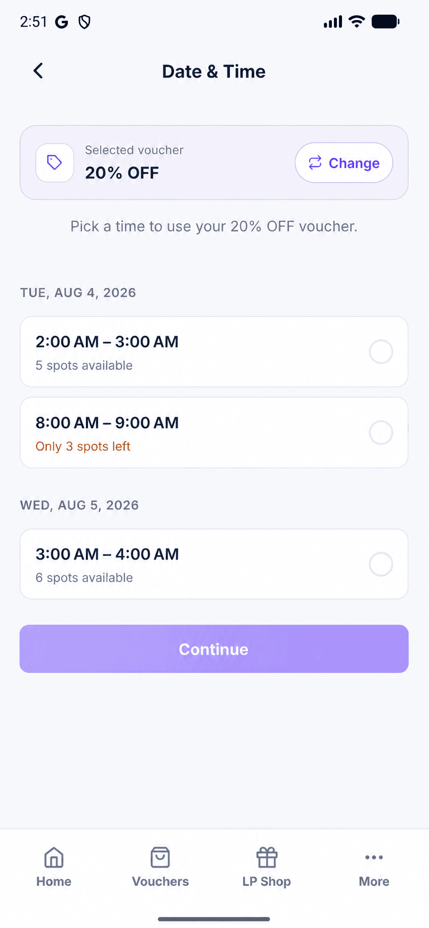 Voucher Hunt app showing available dates and time slots for a voucher
