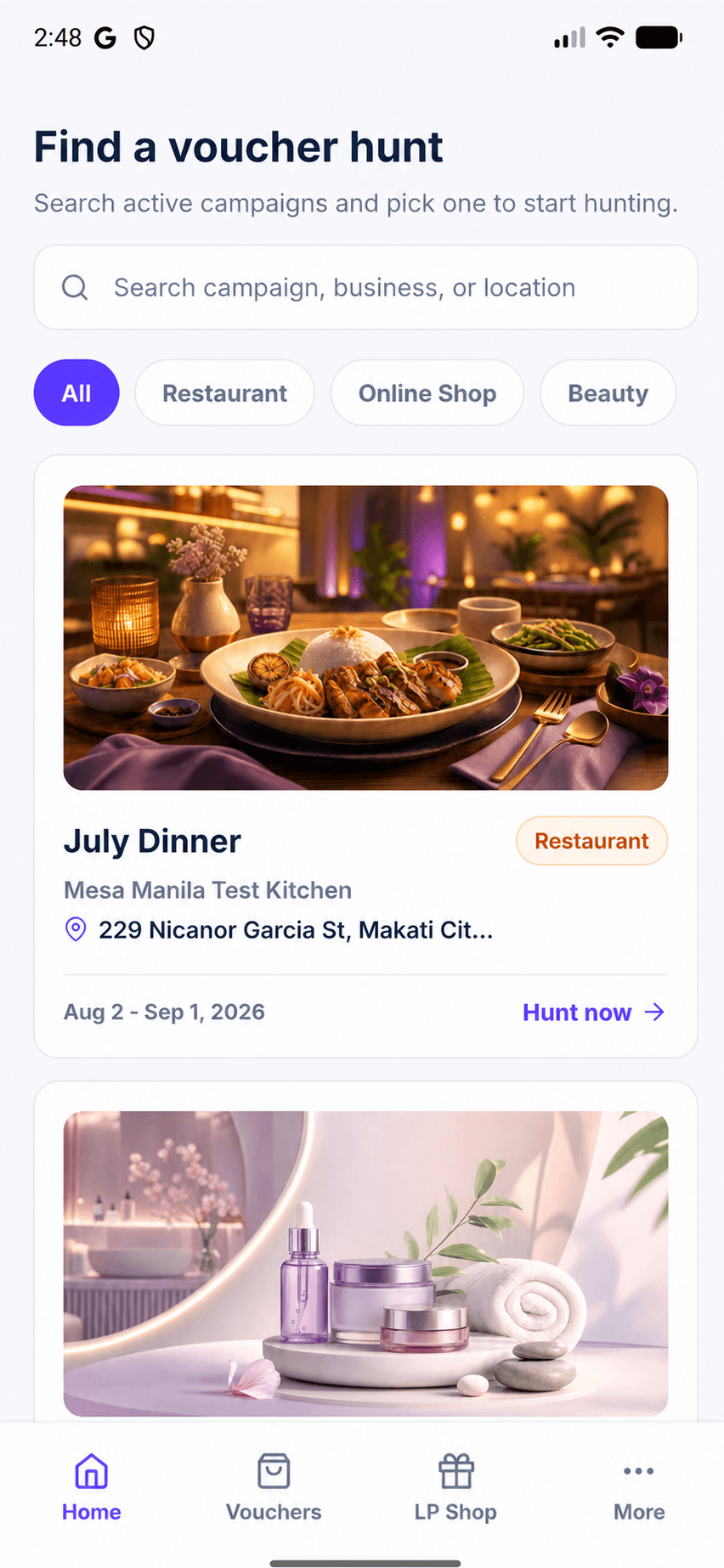 Voucher Hunt app showing active campaigns from nearby businesses
