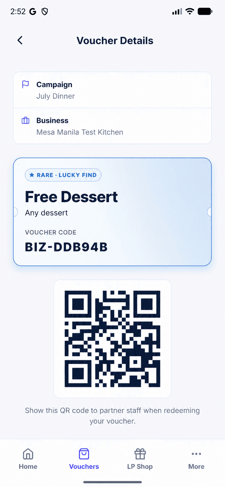 Voucher Hunt app showing a won voucher and its redemption QR code