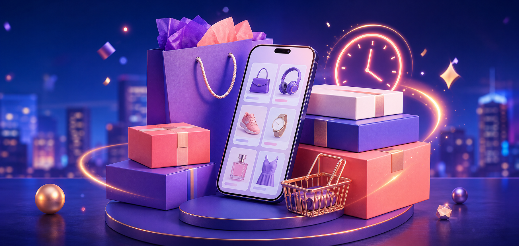 Online shopping parcels and products during an evening sale