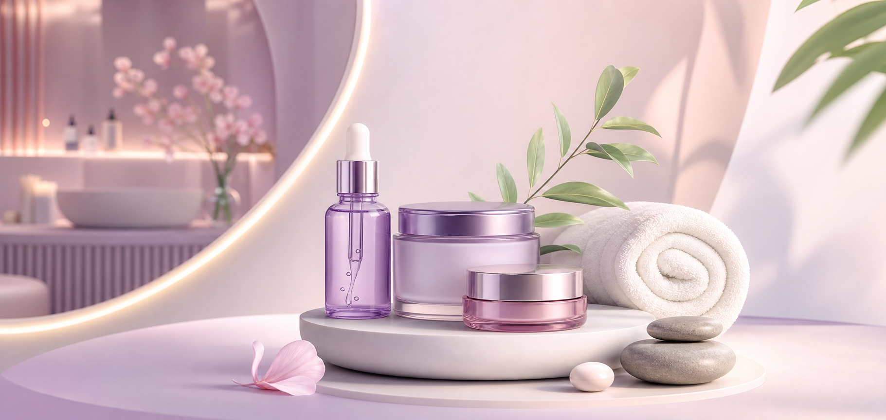 Skincare products arranged in a calm facial studio