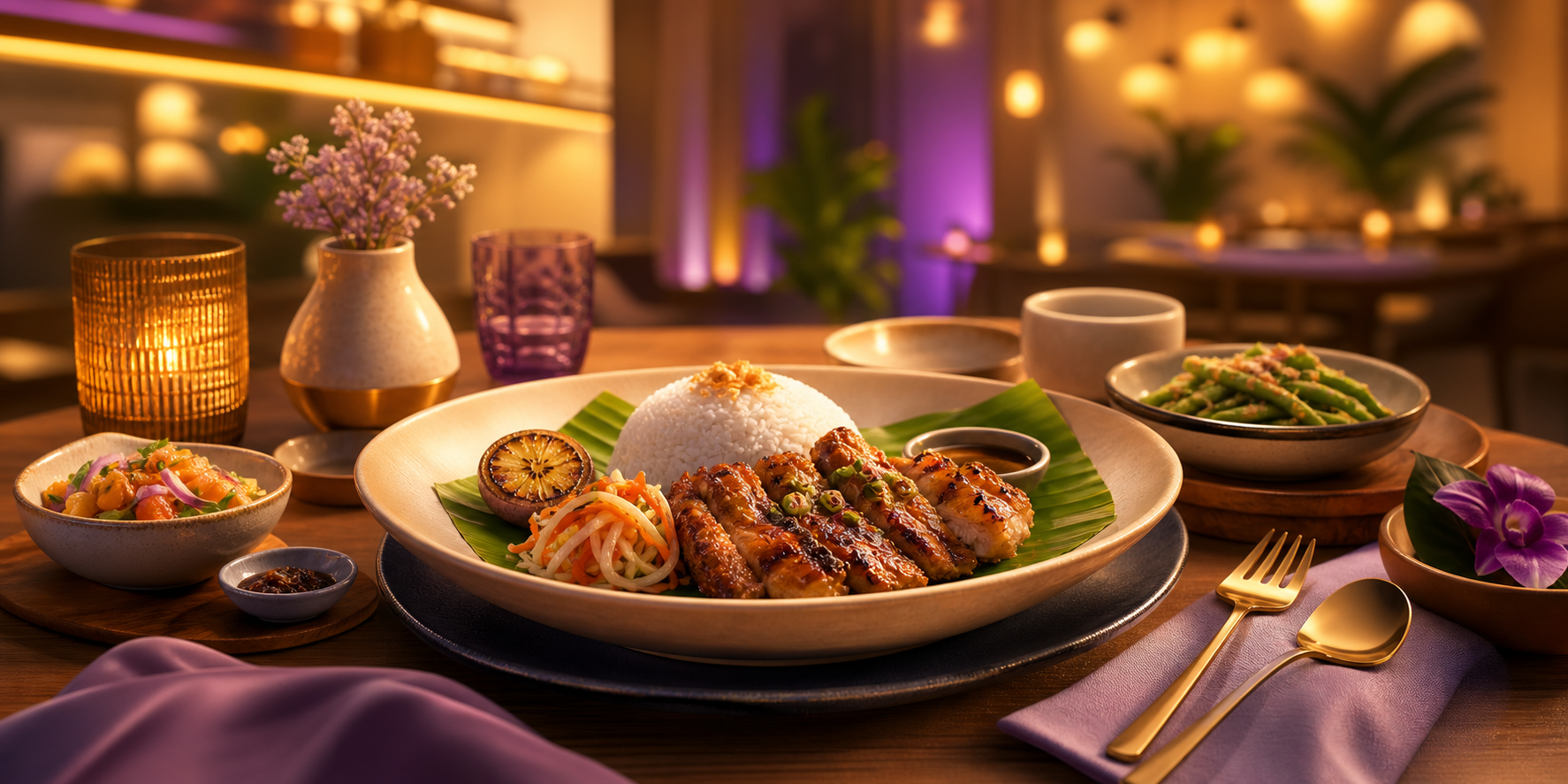 Filipino-inspired dinner in a warmly lit restaurant